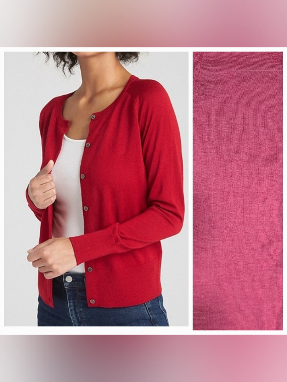 GAP Pink Button-Front Lightweight Crewneck Wool Cardigan